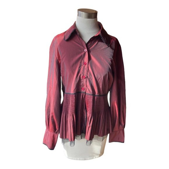 Coldwater Creek iridescent button down collared blouse in a cranberry shade. - Picture 1 of 7